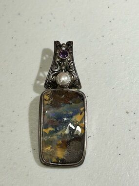 Sterling Silver Multi-Color Stone Pendant with Pearl and Amethyst Accent